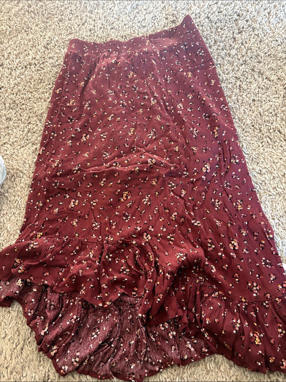 Floral Burgundy Ruffle-Hem Midi Skirt